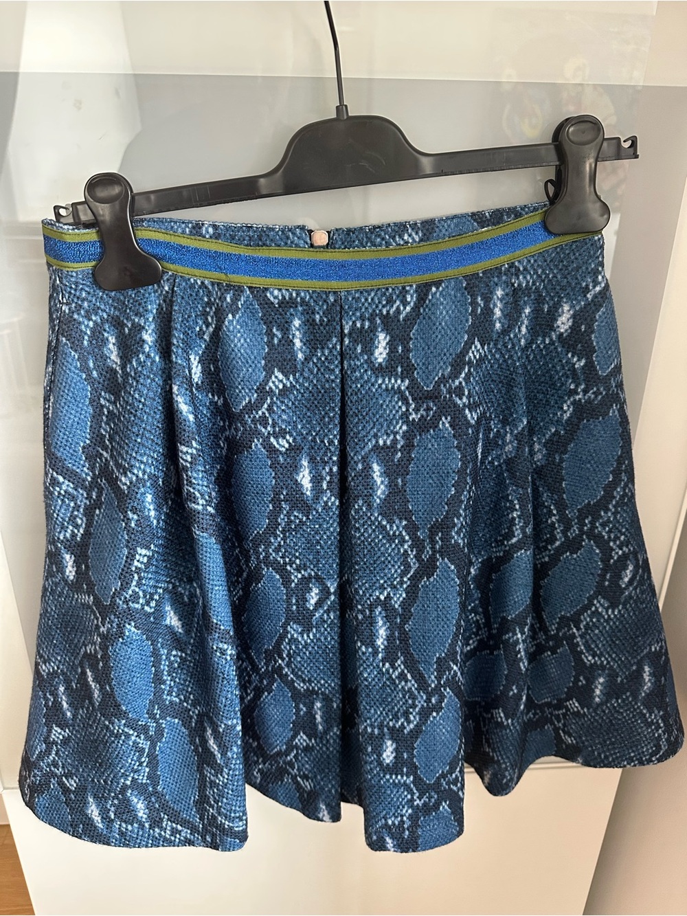 Pinko Blue Snake-Print Skater Skirt with Green-Trim Waistband